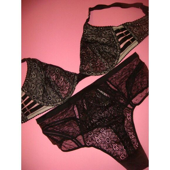 Victoria's Secret unlined 36C BRA SET+M+CORSET bustier Black floral lace strappy - Picture 5 of 7